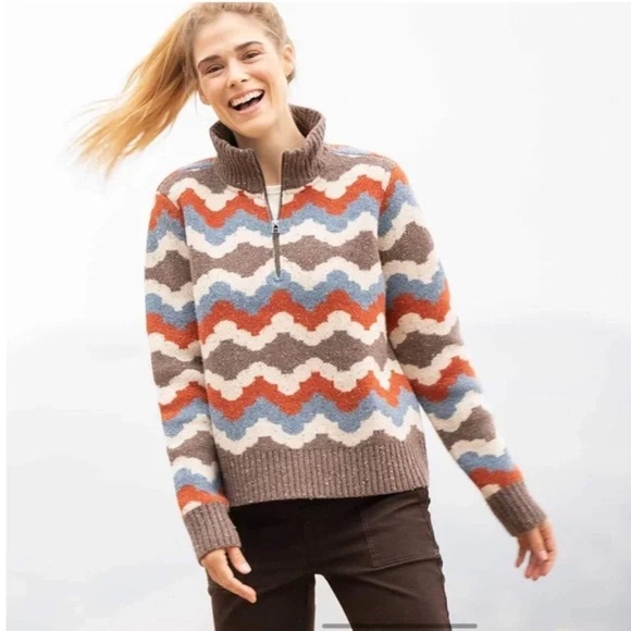 Toad&Co Sweaters - Toad&Co Rust Brown Blue Wilde 1/4 Zip Sweater Lambswool CabinCore Outdoor Size S